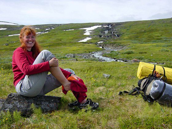 Drying my feet after crossing the river