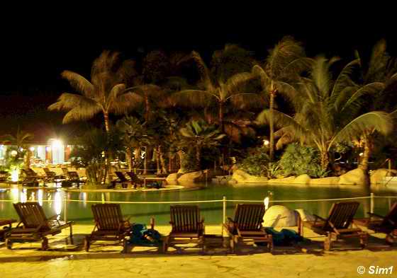 The pool area in the evening