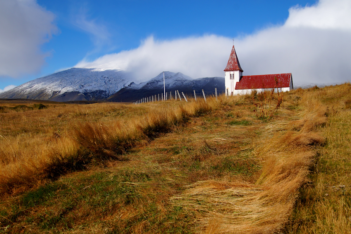 The rustic church in Hellnar with the Snæfellsjökull in the background