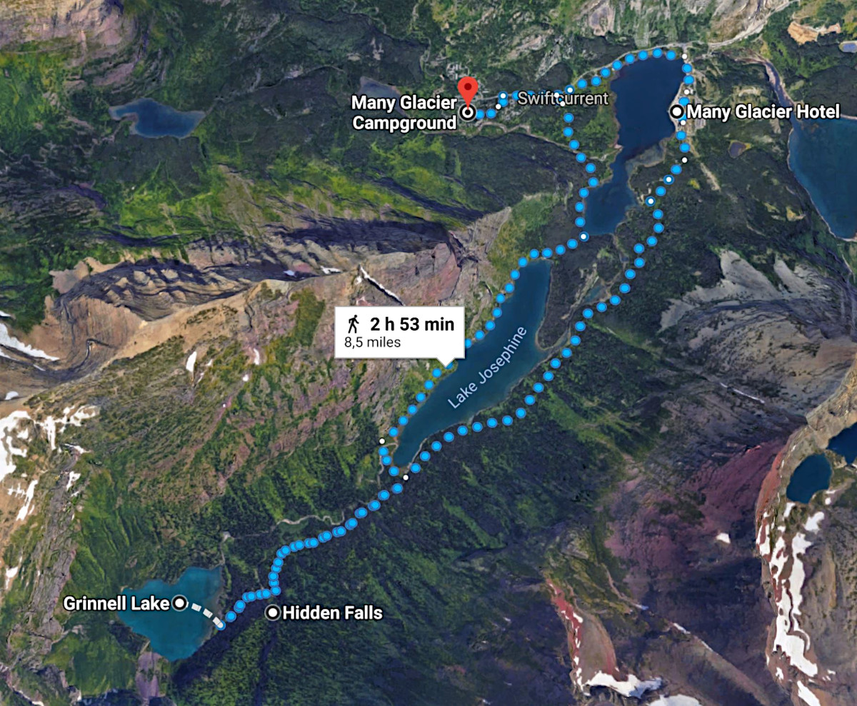 Map hike to Grinnell Lake and Hidden Falls