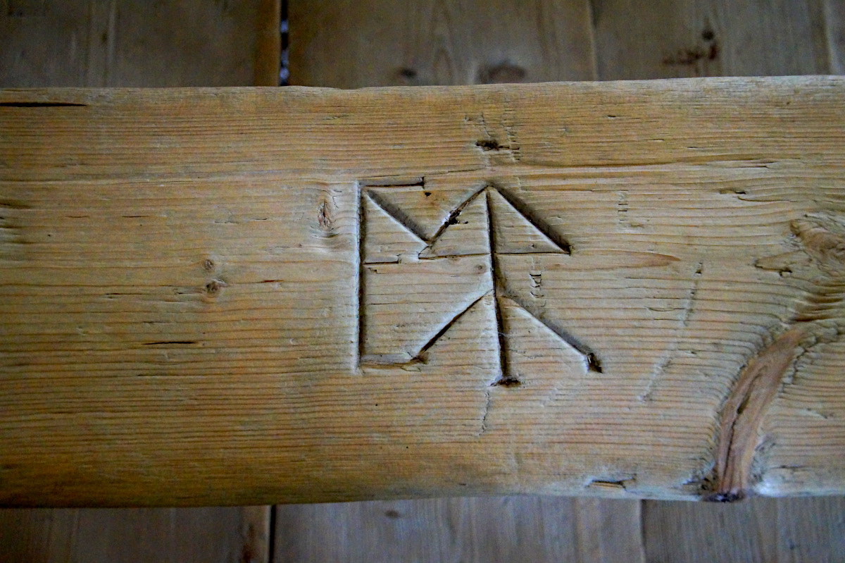 engravings in the wooden benches, Barsta Chapel