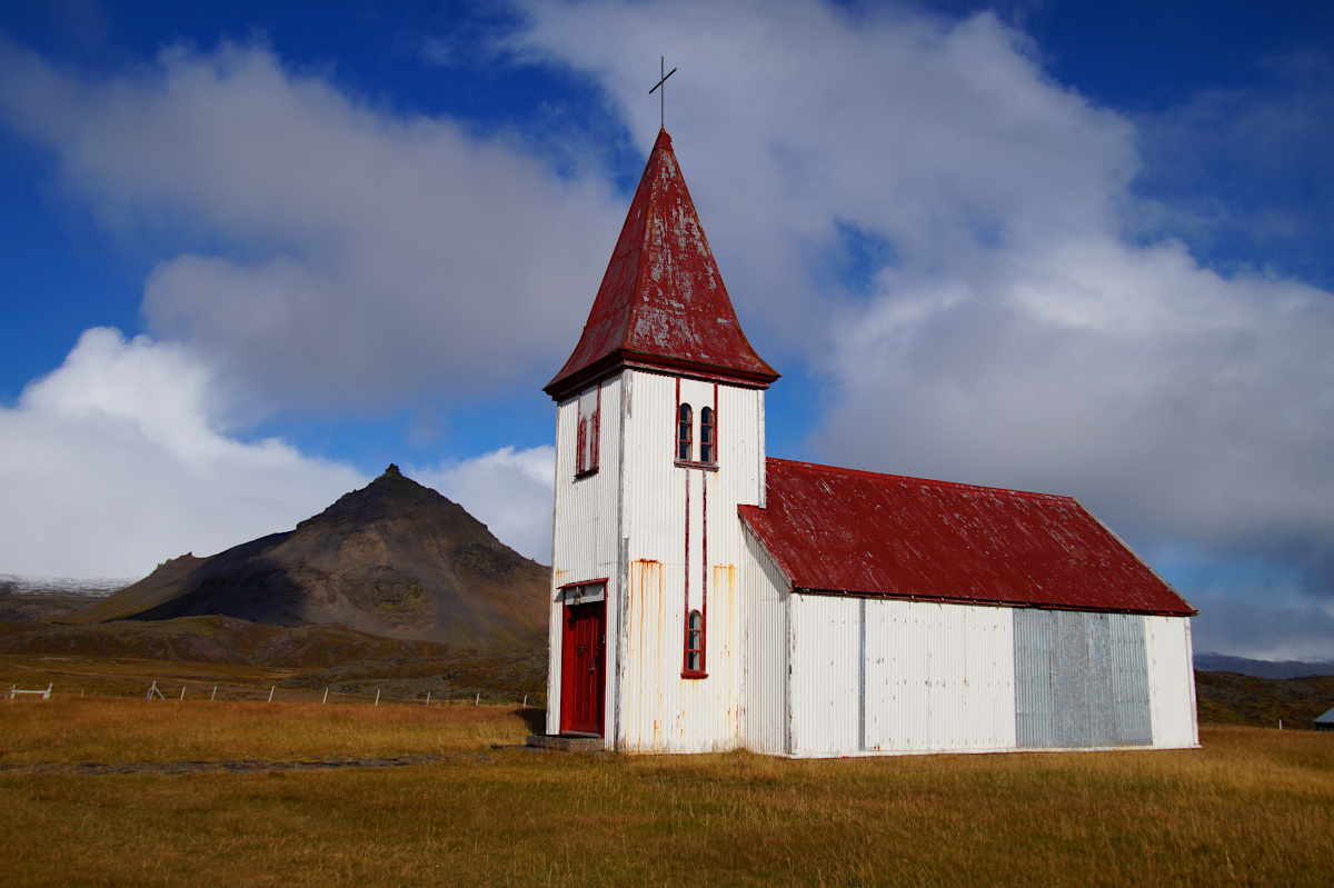 Red and white church Hellnar